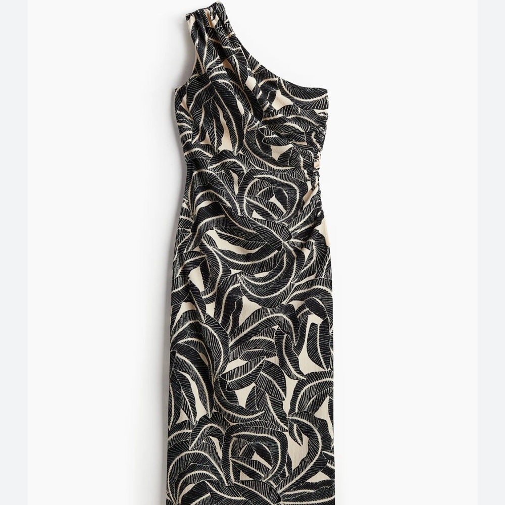 H&M Black and Cream One-Shoulder Midi Dress